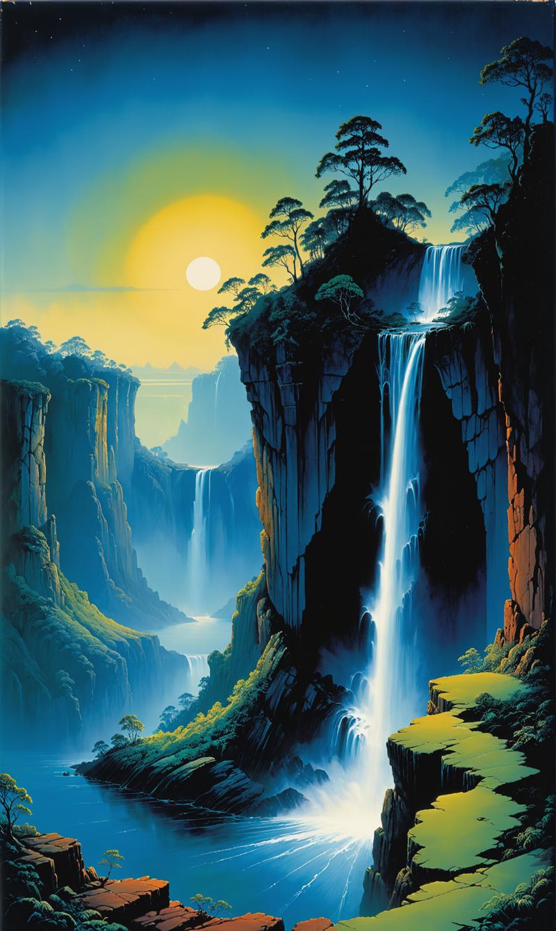 00951-153151516-a painting of the top of a cliff, night, an album cover, inspired by Roger Dean, waterfalls and lakes, Close to the edge_lora_xl.png